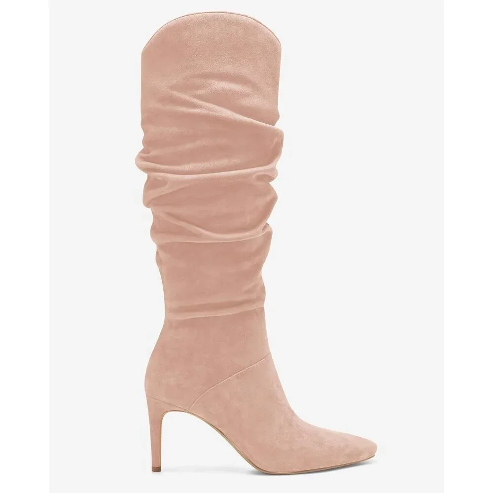 WomenFaux SuedeLight Pink Knee High Almond Toe Side Zipper Stiletto Heel Booties